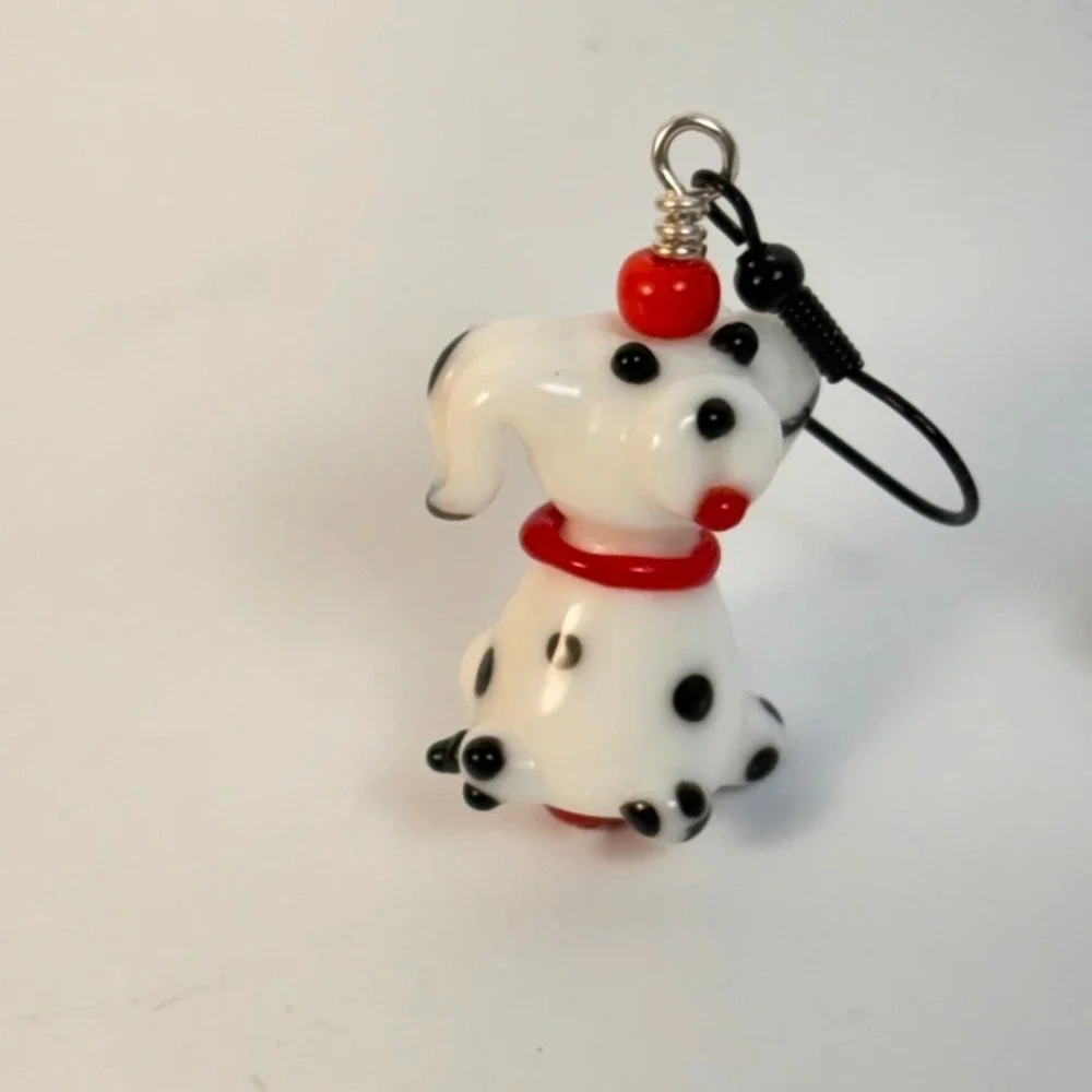 Handmade Dalmatian Dog Earrings White Art Glass Lampwork Whimsygoth Boho Chic